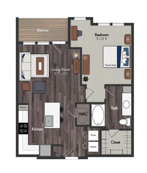 Floor plan for 1 bed, 1 bath, 744 sqft